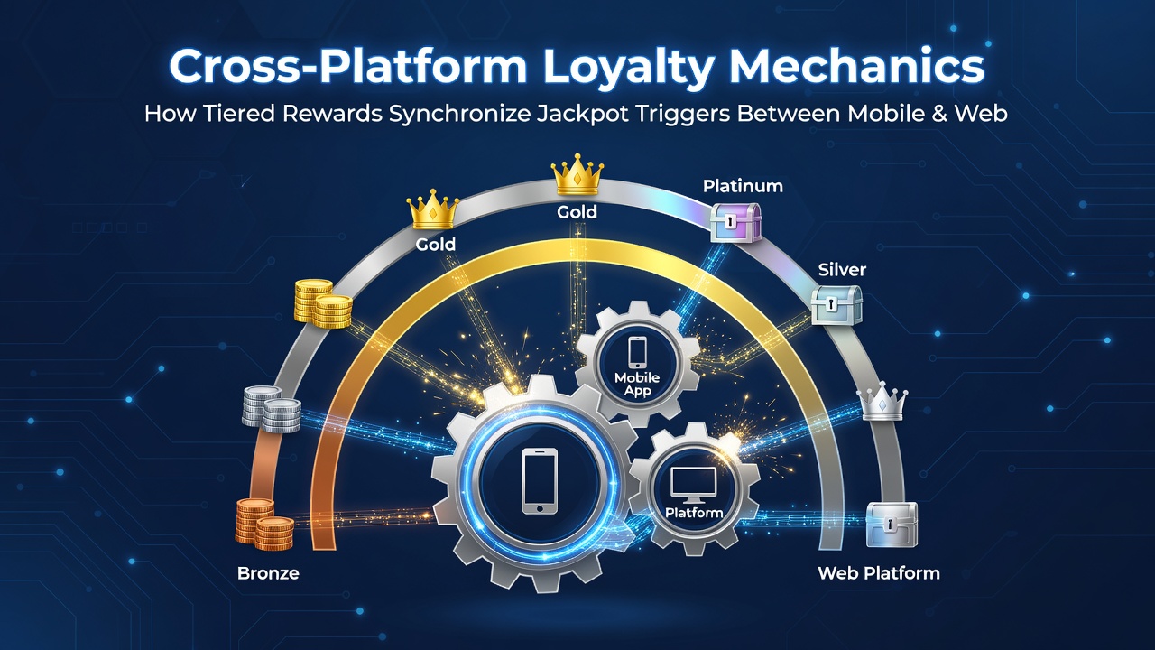 Live event wagering terminal connected to mobile loyalty dashboard showing tier progression and jackpot status