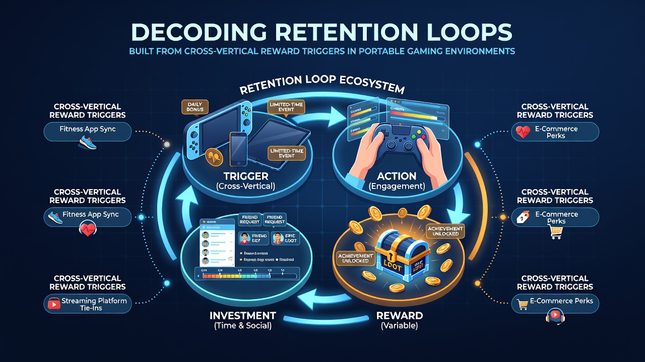 Diagram illustrating data flow between mobile gaming verticals through reward trigger points