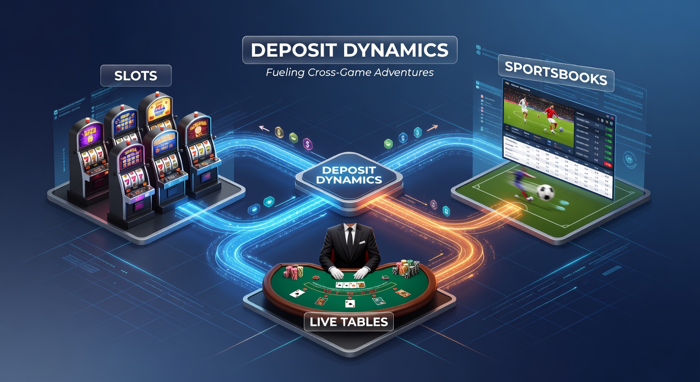 Dynamic graphic of money flowing from deposit screen into icons for slots, live dealers, and sports betting interfaces