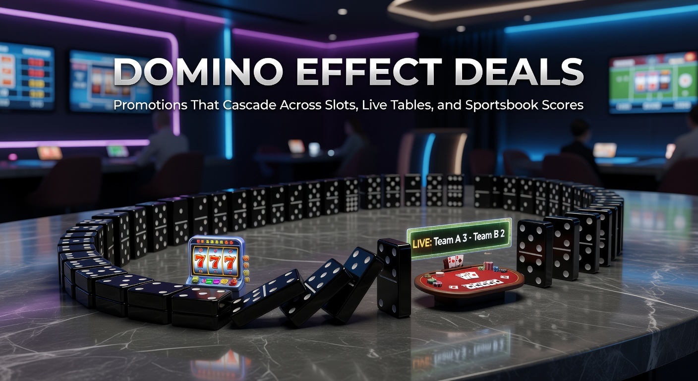 Digital screen capture of a domino effect promotion interface, illustrating chained bonuses from slot wins to live table chips and sportsbook free bets