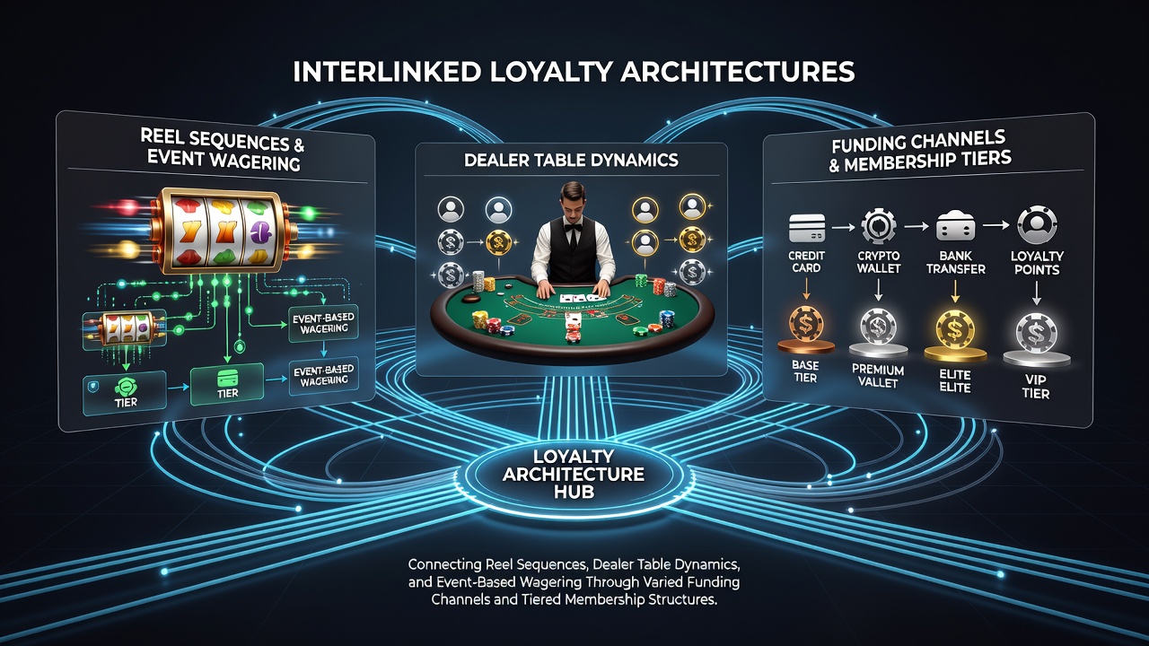 Interconnected loyalty system diagram showing links between slot reels, live dealer tables, and event wagering with payment channels and membership tiers