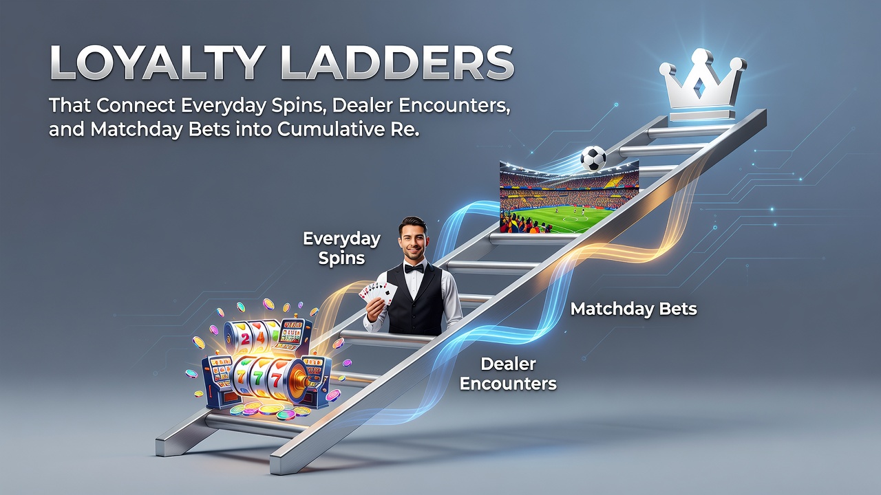 Infographic of tiered loyalty rewards linking slot spins, live casino, and sports betting