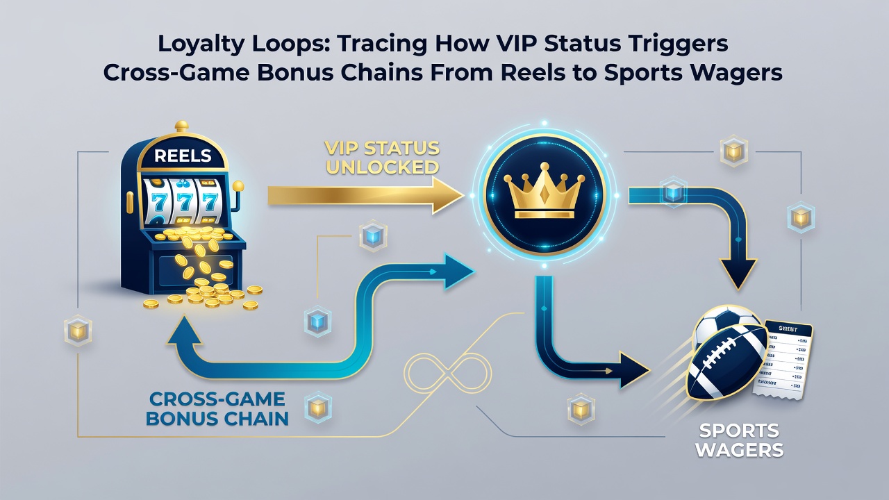 Illustration of bonus chains flowing from slot gameplay through VIP verification into sports bet rewards and back into loyalty points