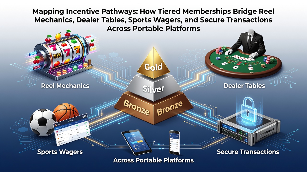 Tiered membership pathways visualized across mobile gaming platforms connecting slots, tables, and sports wagers
