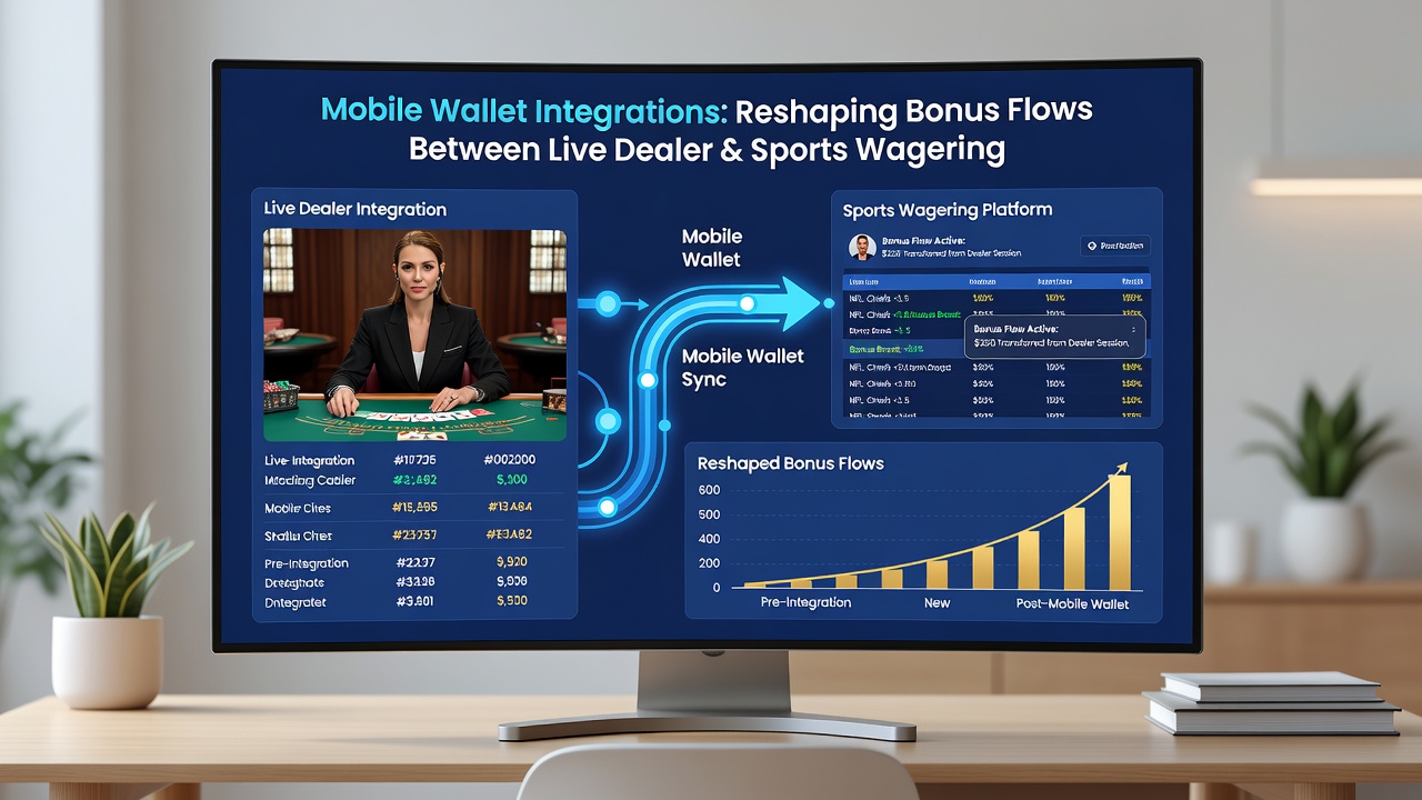 Dashboard view of integrated mobile wallet displaying bonus balances flowing between live dealer games and sports wagering sections