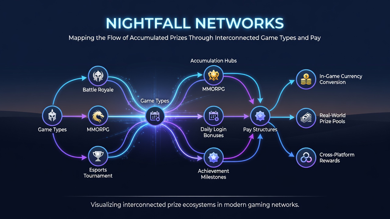 Flowchart showing prize accumulation moving through slots, tables, sports betting, and payment channels in Nightfall Networks