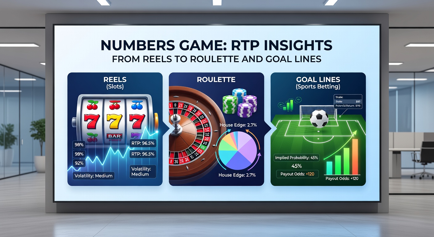 Comparative bar chart displaying RTP ranges for slots, roulette, and sports betting goal lines with overlaid statistical icons