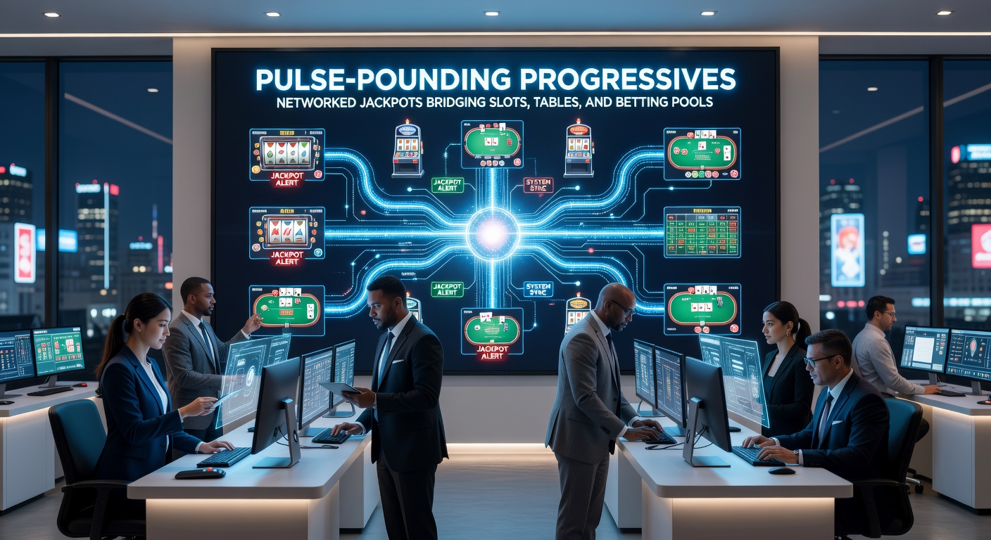 Digital screens showing interconnected progressive jackpots across slots, table games, and sports betting interfaces