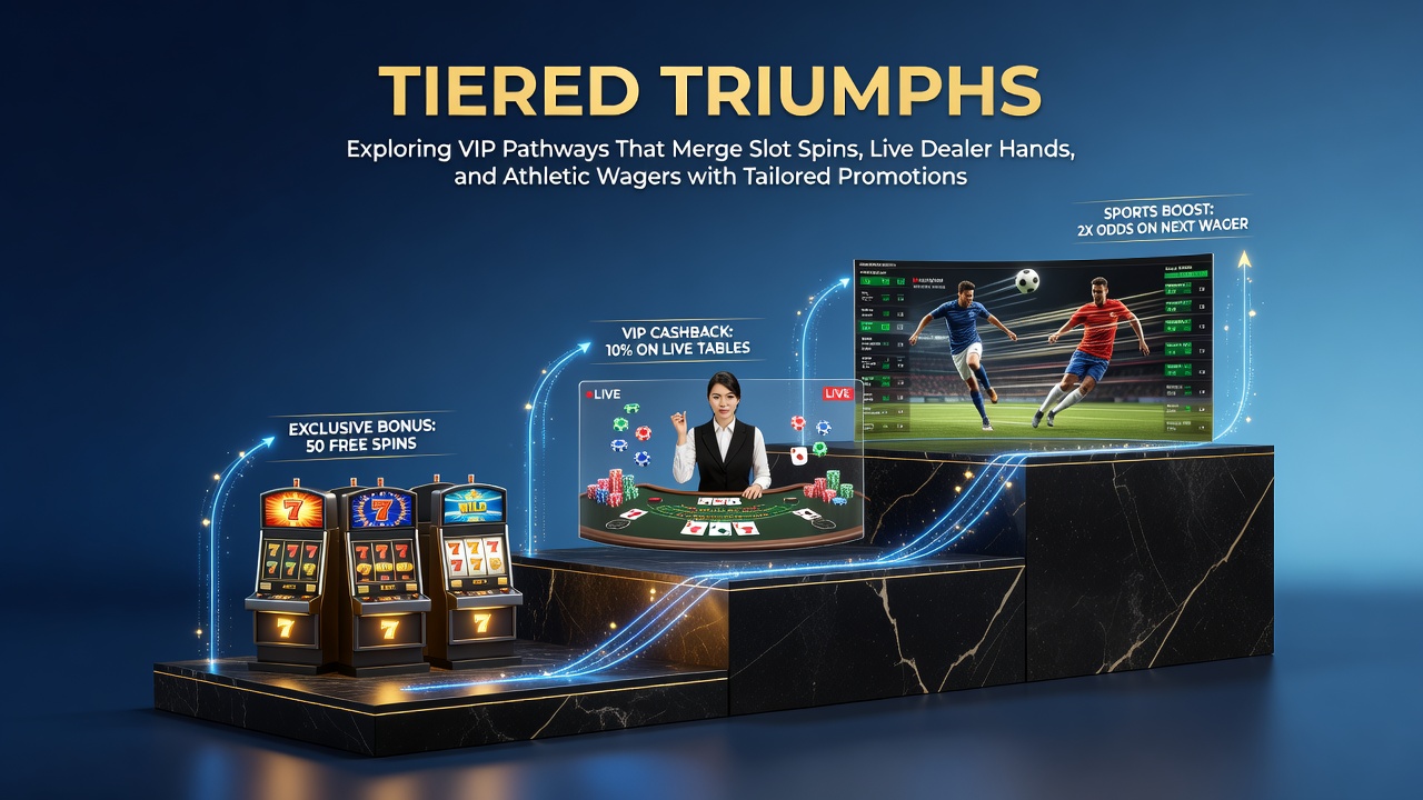 VIP pathways illustration showing integrated slot, live dealer, and sports betting rewards tiers