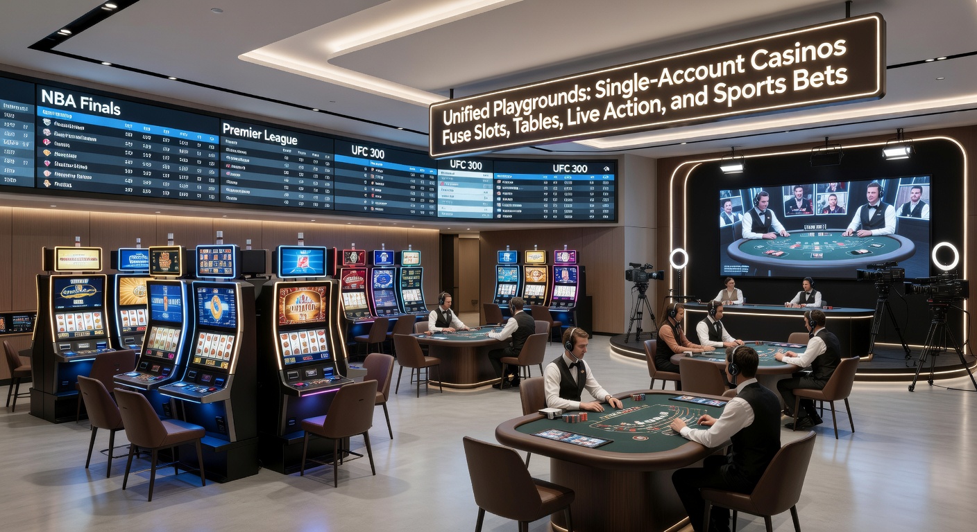 Close-up of a mobile phone screen displaying a single-account casino app with active slots spin, live blackjack hand, and upcoming NFL game bets integrated seamlessly